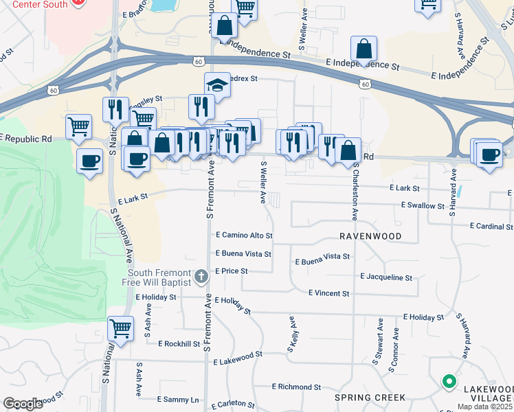 map of restaurants, bars, coffee shops, grocery stores, and more near 4327-4347 South Weller Avenue in Springfield