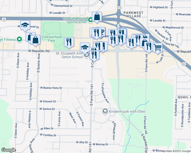 map of restaurants, bars, coffee shops, grocery stores, and more near 4335 South Lafontaine Avenue in Springfield