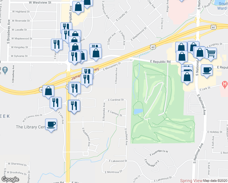 map of restaurants, bars, coffee shops, grocery stores, and more near 4351 South Roanoke Avenue in Springfield