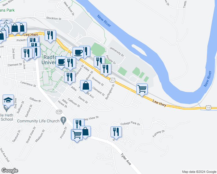 map of restaurants, bars, coffee shops, grocery stores, and more near 404 Downey Street in Radford