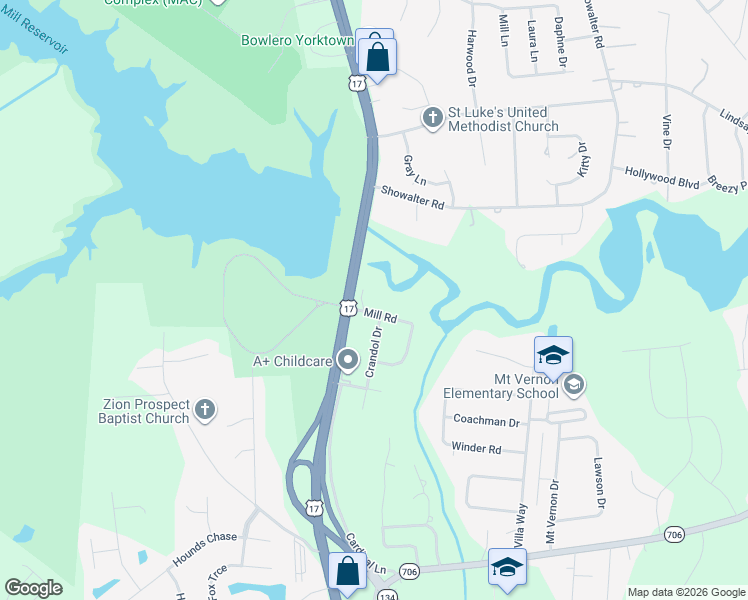 map of restaurants, bars, coffee shops, grocery stores, and more near 101A Mill Road in Yorktown