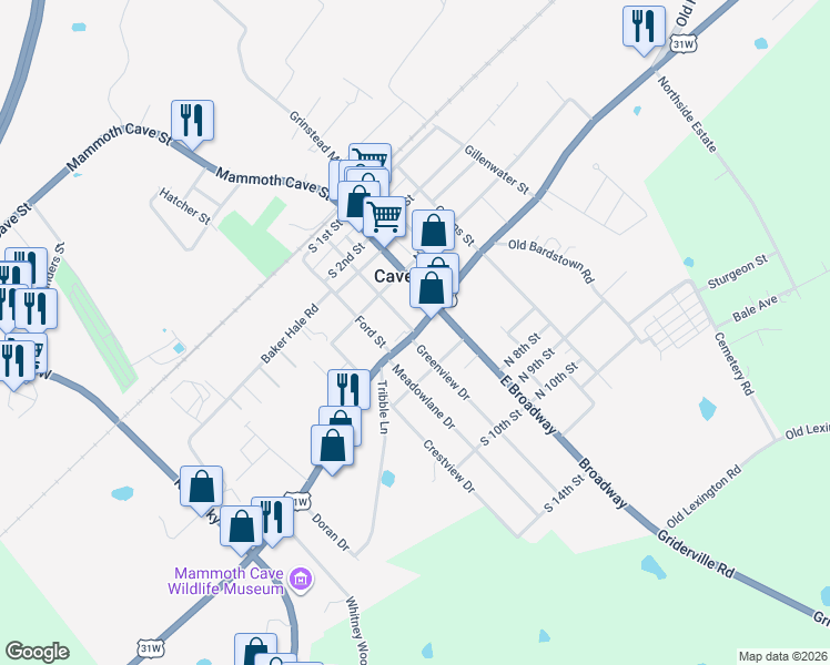 map of restaurants, bars, coffee shops, grocery stores, and more near 376 Quigley St in Cave City