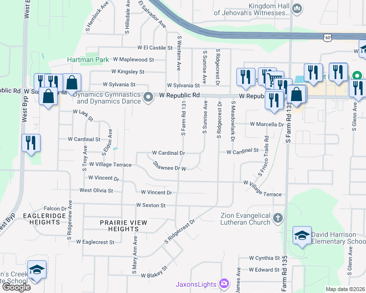 map of restaurants, bars, coffee shops, grocery stores, and more near 4499 South Farm Road 131 in Springfield