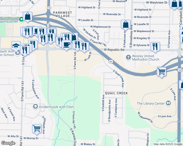 map of restaurants, bars, coffee shops, grocery stores, and more near 4357 South Newton Avenue in Springfield