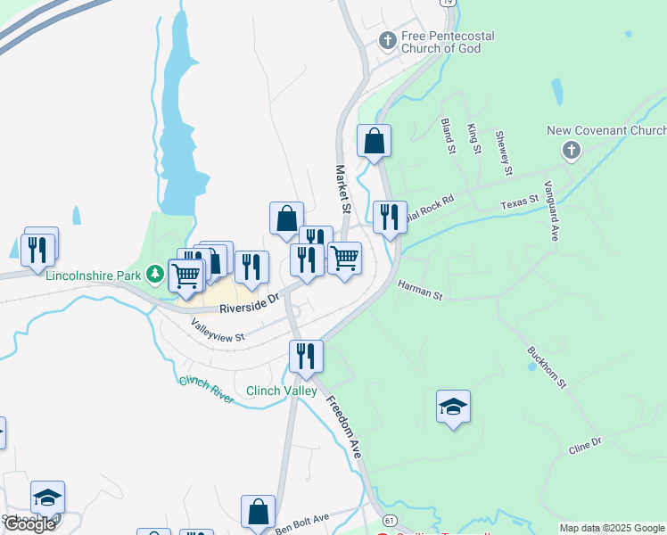 map of restaurants, bars, coffee shops, grocery stores, and more near 620 Market Street in Tazewell