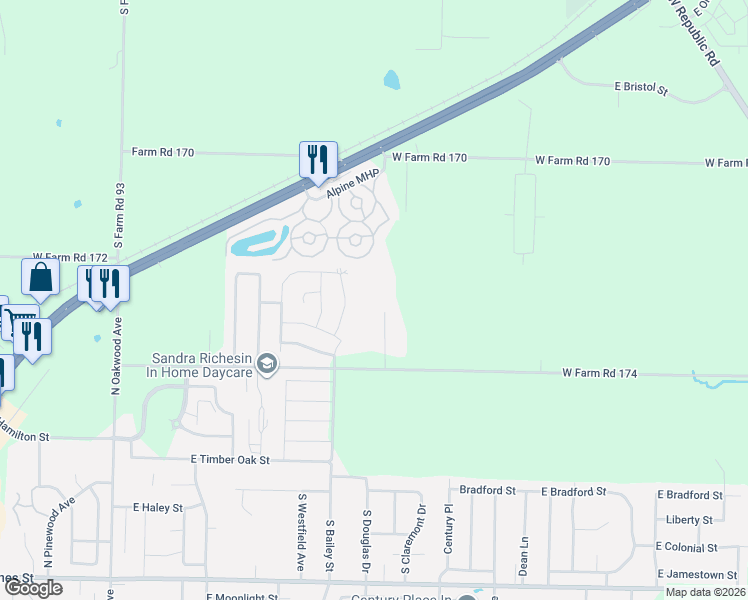 map of restaurants, bars, coffee shops, grocery stores, and more near 7381 West Farm Road 174 in Republic