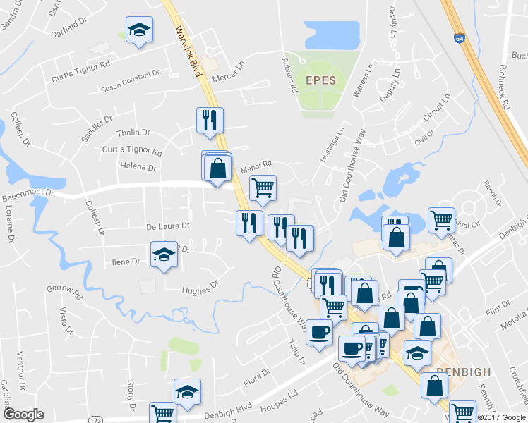 map of restaurants, bars, coffee shops, grocery stores, and more near 14756 Warwick Blvd in Newport News