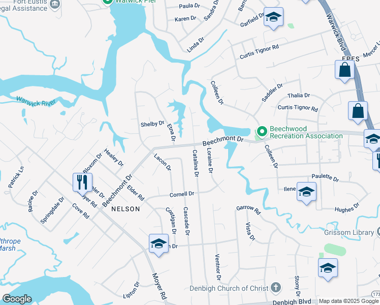 map of restaurants, bars, coffee shops, grocery stores, and more near 200 Beechmont Drive in Newport News