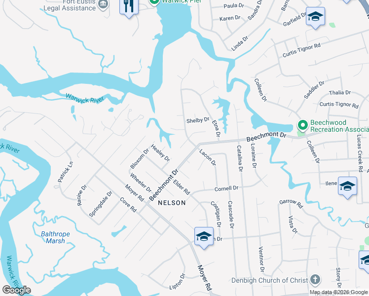 map of restaurants, bars, coffee shops, grocery stores, and more near 174 Corinthia Drive in Newport News