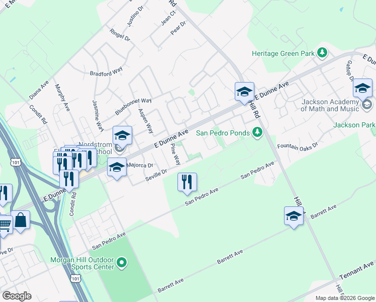 map of restaurants, bars, coffee shops, grocery stores, and more near 16950 Sugarpine Drive in Morgan Hill