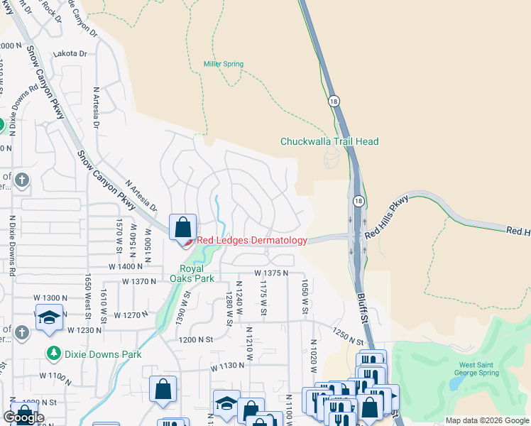 map of restaurants, bars, coffee shops, grocery stores, and more near 1584 North Raven Lane in St. George