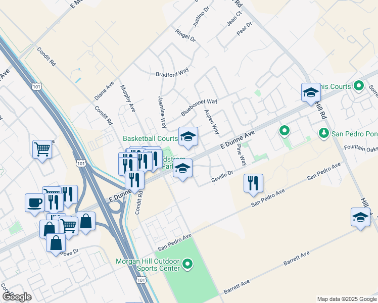 map of restaurants, bars, coffee shops, grocery stores, and more near 1425 East Dunne Avenue in Morgan Hill