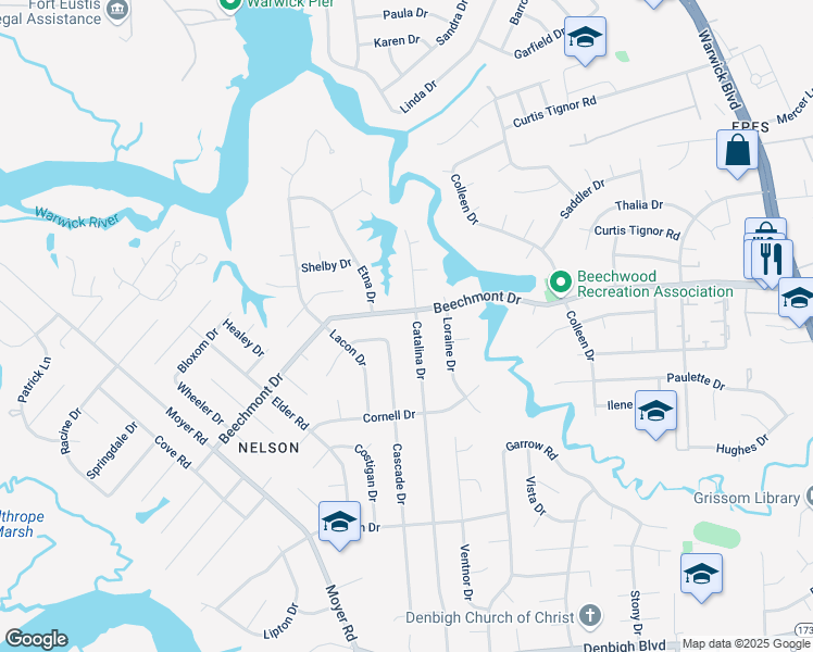 map of restaurants, bars, coffee shops, grocery stores, and more near 200 Beechmont Drive in Newport News