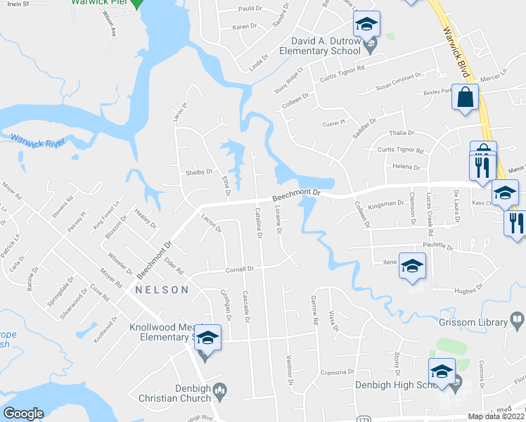 map of restaurants, bars, coffee shops, grocery stores, and more near 894 Catalina Drive in Newport News