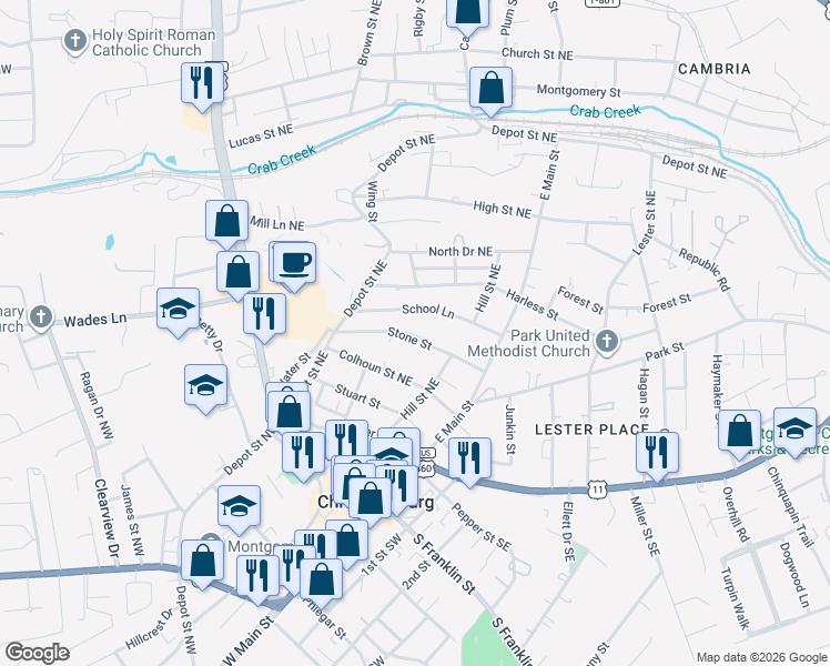 map of restaurants, bars, coffee shops, grocery stores, and more near 565 School Lane in Christiansburg