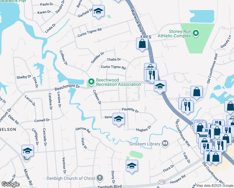 map of restaurants, bars, coffee shops, grocery stores, and more near 885 Clemson Drive in Newport News