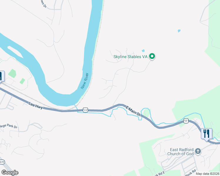 map of restaurants, bars, coffee shops, grocery stores, and more near 299 Ridge Ln in Radford