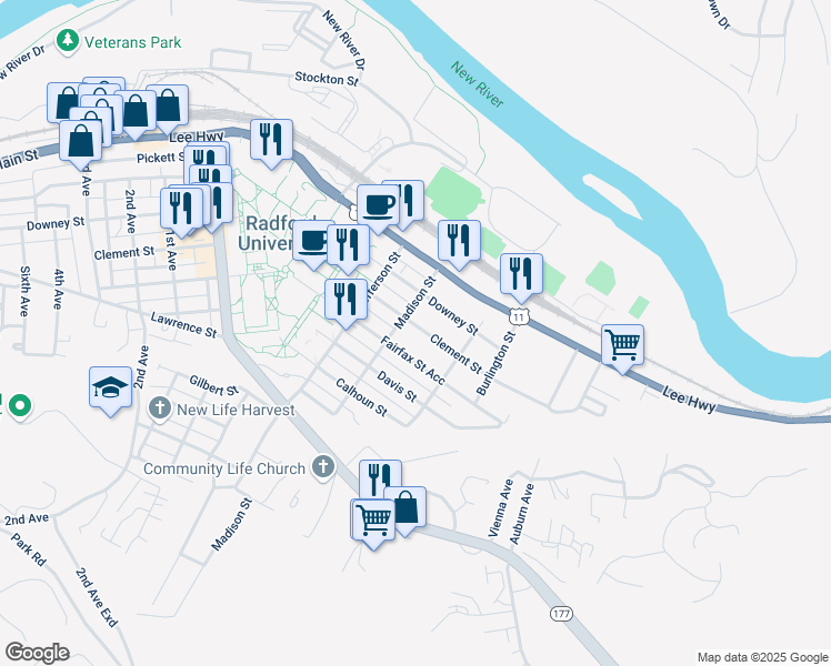 map of restaurants, bars, coffee shops, grocery stores, and more near 525 Clement Street in Radford