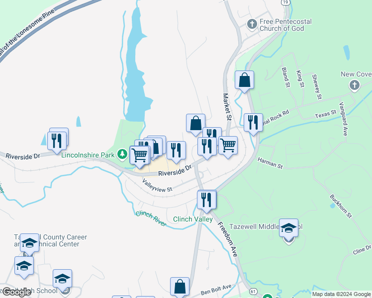 map of restaurants, bars, coffee shops, grocery stores, and more near 190 Smyth Avenue in Tazewell