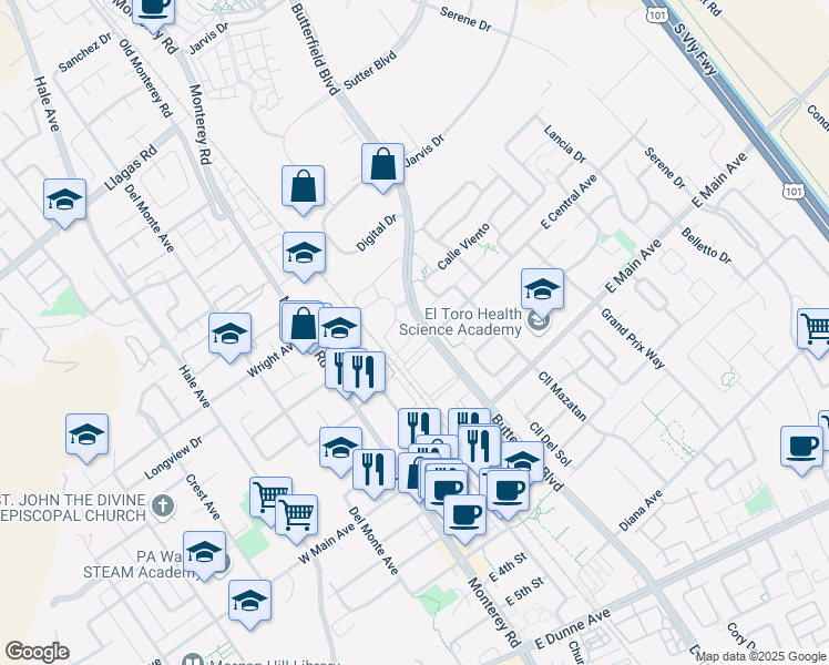 map of restaurants, bars, coffee shops, grocery stores, and more near 240 Vereda De Turia in Morgan Hill