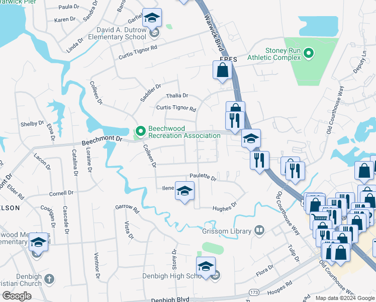 map of restaurants, bars, coffee shops, grocery stores, and more near 886 Clemson Drive in Newport News