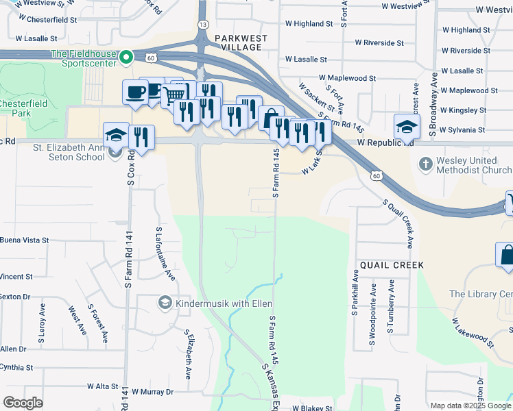 map of restaurants, bars, coffee shops, grocery stores, and more near 4323 South Meadowbrook Street in Springfield