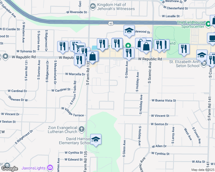 map of restaurants, bars, coffee shops, grocery stores, and more near 2982 West Swallow Street in Springfield