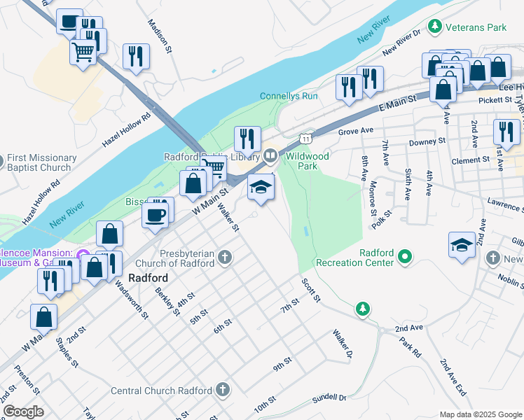 map of restaurants, bars, coffee shops, grocery stores, and more near 50 Dalton Drive in Radford