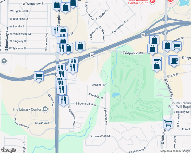 map of restaurants, bars, coffee shops, grocery stores, and more near 4327 South Roanoke Avenue in Springfield