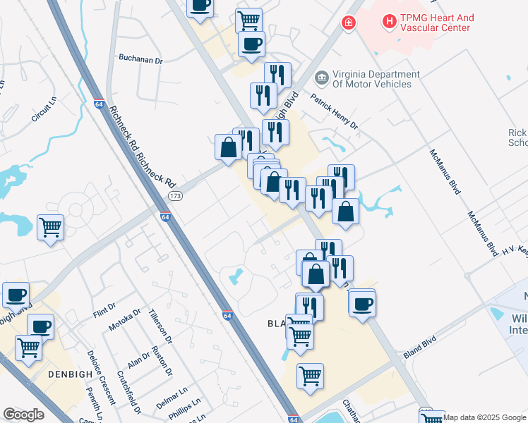 map of restaurants, bars, coffee shops, grocery stores, and more near 12709 Jefferson Avenue in Newport News