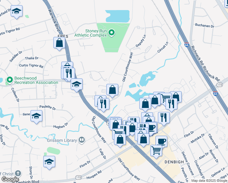 map of restaurants, bars, coffee shops, grocery stores, and more near 14543 Old Courthouse Way in Newport News
