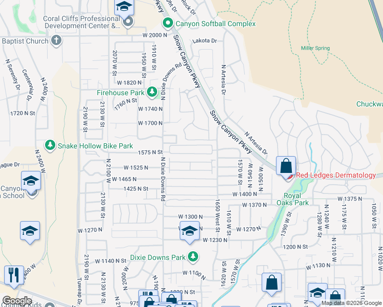 map of restaurants, bars, coffee shops, grocery stores, and more near 1574 North Dixie Downs Road in Saint George