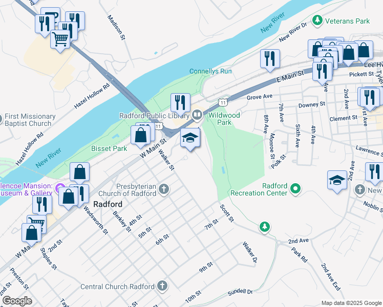 map of restaurants, bars, coffee shops, grocery stores, and more near 50 Dalton Drive in Radford