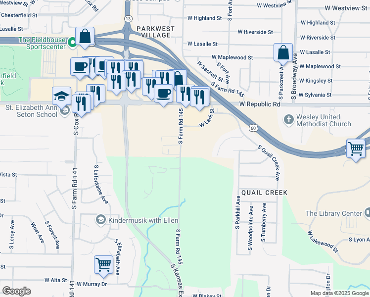 map of restaurants, bars, coffee shops, grocery stores, and more near 4346 South Kansas Avenue in Springfield