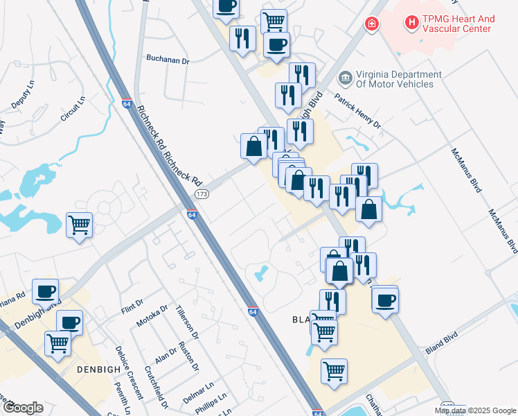 map of restaurants, bars, coffee shops, grocery stores, and more near 523 Ashwood Drive in Newport News