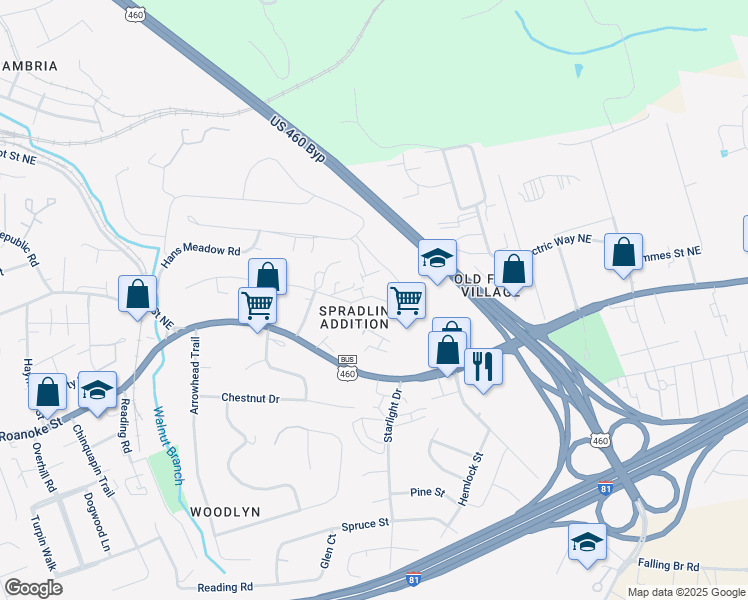map of restaurants, bars, coffee shops, grocery stores, and more near 120 Justin Lane in Christiansburg
