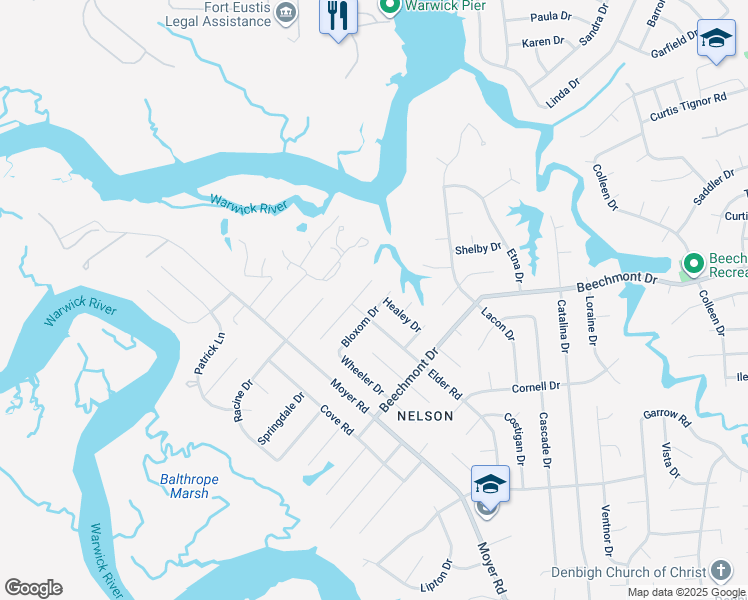 map of restaurants, bars, coffee shops, grocery stores, and more near 151 Bloxom Drive in Newport News