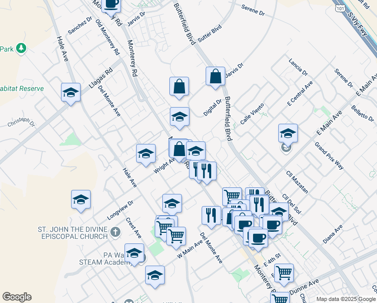 map of restaurants, bars, coffee shops, grocery stores, and more near 17880 Monterey Road in Morgan Hill