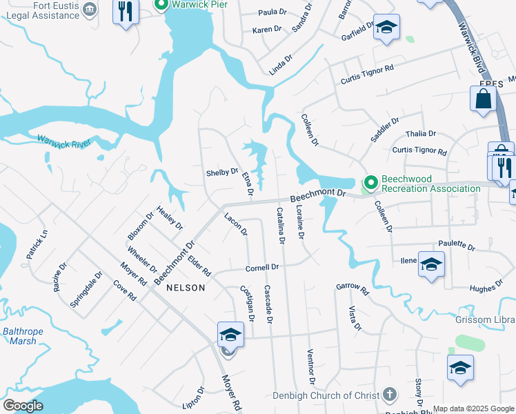 map of restaurants, bars, coffee shops, grocery stores, and more near 190 Beechmont Drive in Newport News