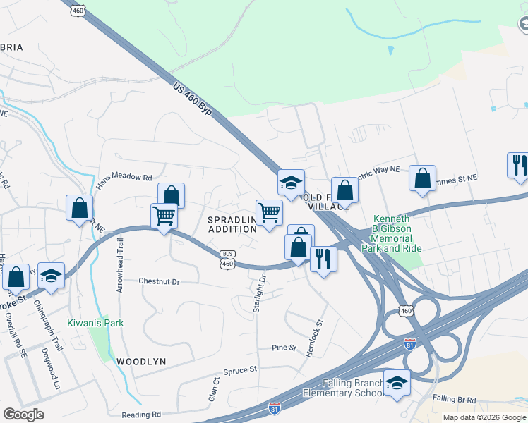 map of restaurants, bars, coffee shops, grocery stores, and more near 120 Justin Lane in Christiansburg