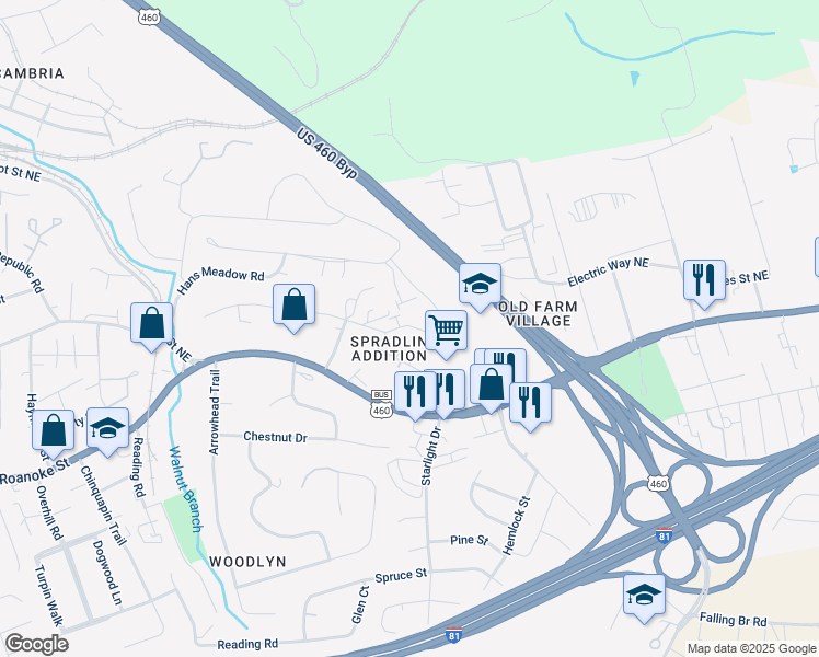 map of restaurants, bars, coffee shops, grocery stores, and more near 120 Justin Lane in Christiansburg