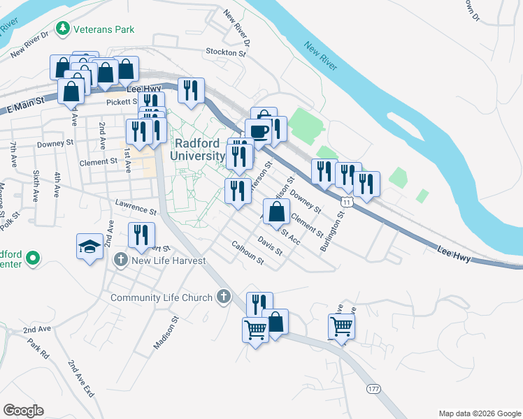 map of restaurants, bars, coffee shops, grocery stores, and more near 606 Fairfax Street in Radford