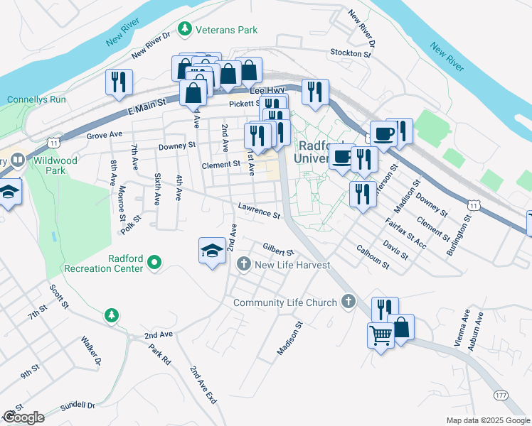map of restaurants, bars, coffee shops, grocery stores, and more near 1015 Calhoun Street in Radford