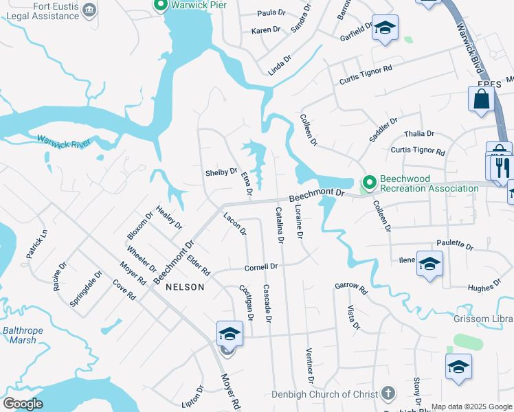 map of restaurants, bars, coffee shops, grocery stores, and more near 190 Beechmont Drive in Newport News