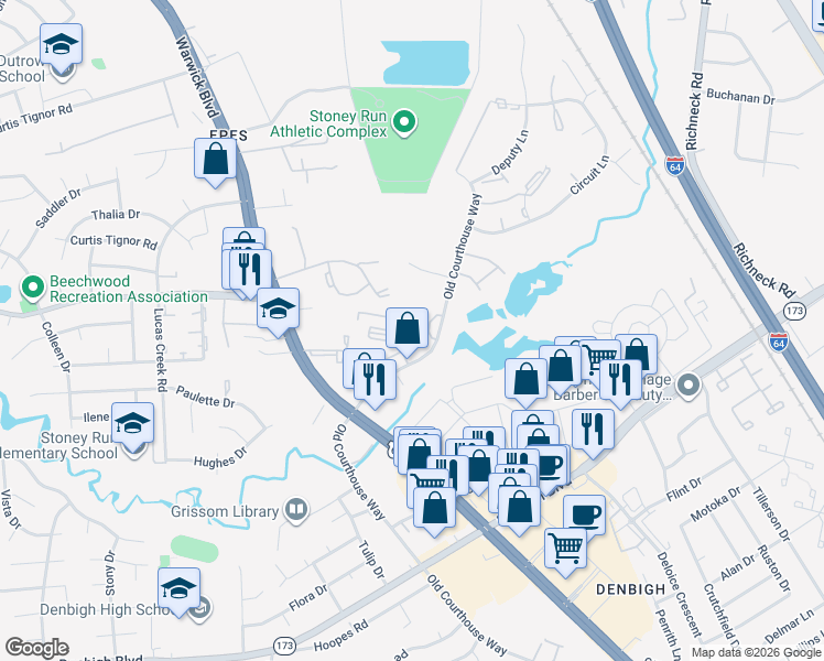 map of restaurants, bars, coffee shops, grocery stores, and more near 14547 Old Courthouse Way in Newport News