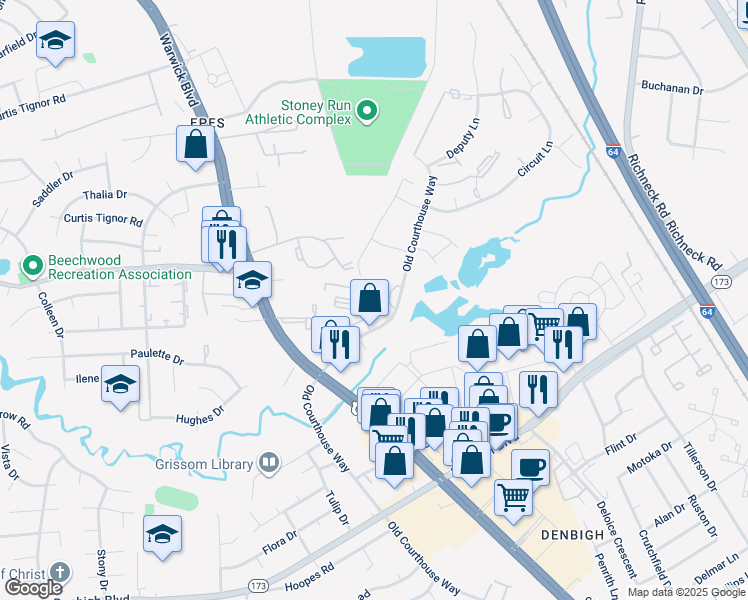 map of restaurants, bars, coffee shops, grocery stores, and more near 14543 Old Courthouse Way in Newport News