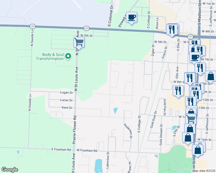 map of restaurants, bars, coffee shops, grocery stores, and more near 1625 Jacee Circle in Webb City