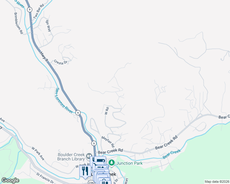 map of restaurants, bars, coffee shops, grocery stores, and more near 720 Pinecrest Drive in Boulder Creek