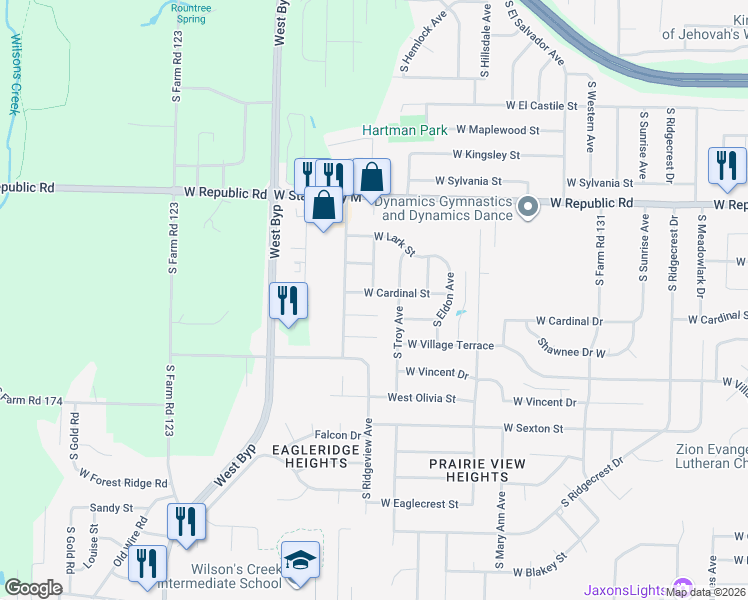 map of restaurants, bars, coffee shops, grocery stores, and more near 3935-3945 West Cardinal Street in Springfield