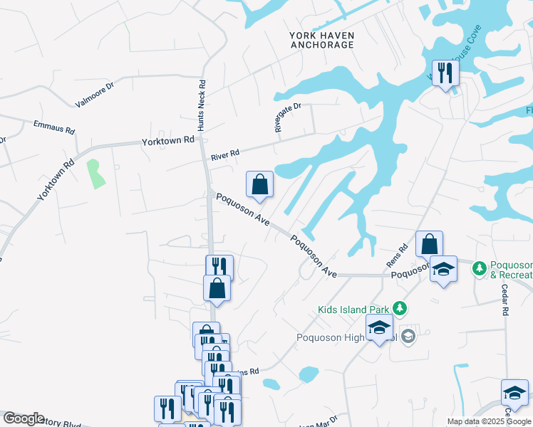 map of restaurants, bars, coffee shops, grocery stores, and more near 661 Poquoson Avenue in Poquoson